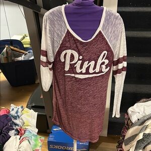 PINK Victoria's Secret Maroon and White Raglan Top